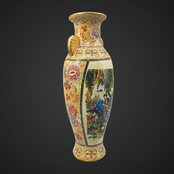 Vintage Oriental Chinese Vase Handled Enameled Art Pottery Vase 8”T 2”W - Picture 4 of 8